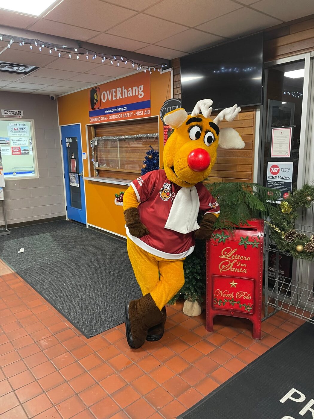 Rudy in the entrance of a Prince George venue, beside a red letters-to-Santa mailbox and a string of lights.