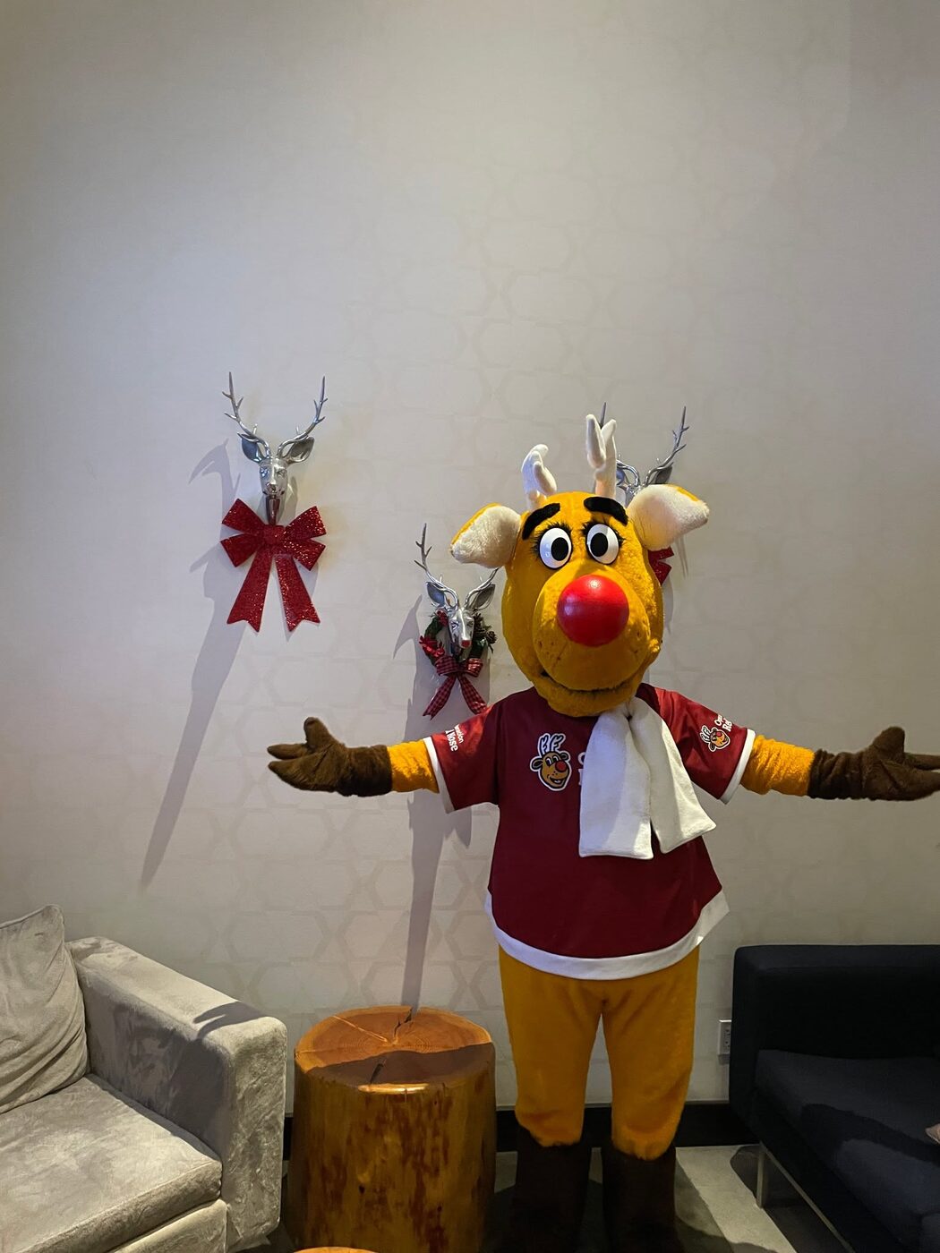 Rudy standing with both arms outstretched in a lounge hung with antler decorations.