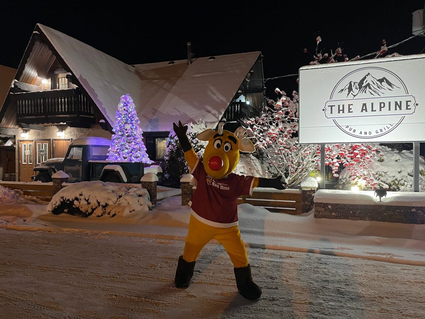 Rudy, the Operation Red Nose mascot, dancing in fresh snow outside a pub on a winter night, with a lit Christmas tree behind him.